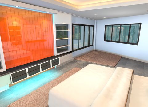 Bedroom interior with decoration on orange wall