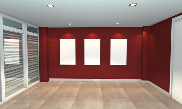 Empty room interior with white canvas on red wall in the gallery.