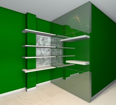 Green built-in shelves designs, corner of the room 