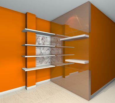 Orange built-in shelves designs, corner of the room 