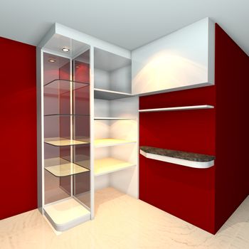 Red built-in shelves designs, corner of the room 