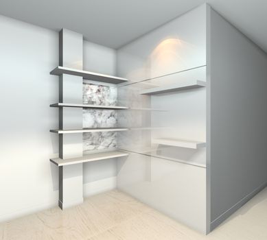 White built-in shelves designs, corner of the room 