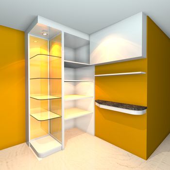 Yellow built-in shelves designs, corner of the room 