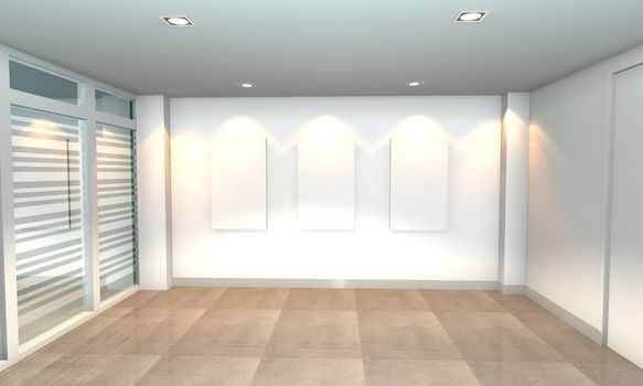 Empty room interior with white canvas on white wall in the gallery.