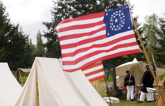 Tents and a Union Flag in the military reenactment camp