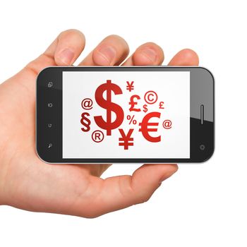 Marketing concept: hand holding smartphone with Finance Symbol on display. Mobile smart phone in hand on White background, 3d render