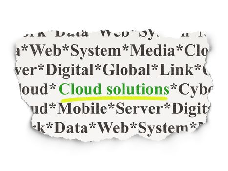 Cloud computing concept: torn newspaper with words Cloud Solutions on Paper background, 3d render