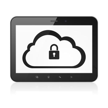 Cloud networking concept: black tablet pc computer with Cloud With Padlock icon on display. Touch pad on White background, 3d render