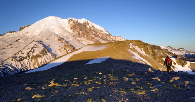 Hiker heads up the trial towards Mount Rainier