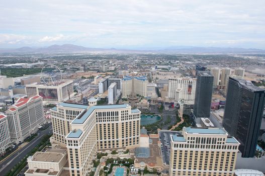 Las Vegas, Nevada Usa - September 10, 2013: World famous Vegas Strip in Las Vegas, Nevada as seen from helecopter. Stretching 4.2 miles, the Strip is home to the largest hotels and casinos in the world