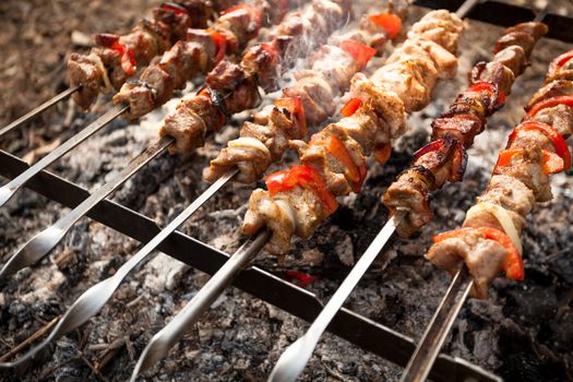 Photo of kebab on metal skewers grilling on fire