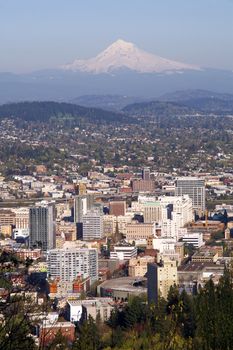Portland Oregon downtown with Mount Hood standing in the background
