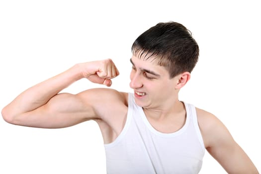 Handsome Teenager Muscle flexing Isolated on the White Background