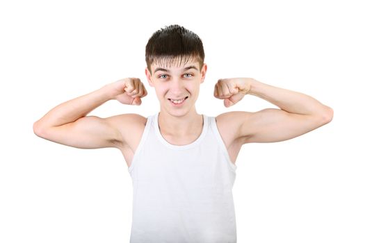 Handsome Teenager Muscle flexing Isolated on the White Background