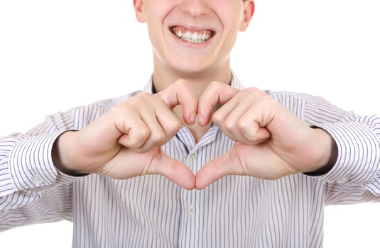Happy Teenager with Hands in Heart shape on the White Background