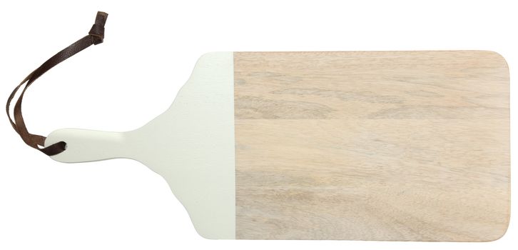 Natural Light Wood Cutting Board with Leather Strap Over White.