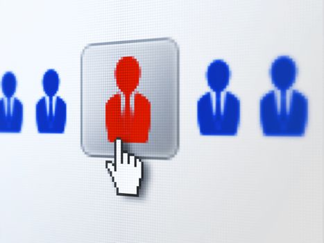 Finance concept: pixelated Business Man icon on button with Hand cursor on digital computer screen, selected focus 3d render