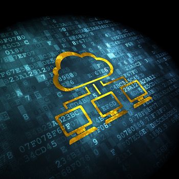 Cloud computing concept: pixelated Cloud Network icon on digital background, 3d render