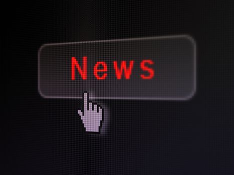 News concept: pixelated words News on button whis Hand cursor on digital computer screen background, selected focus 3d render