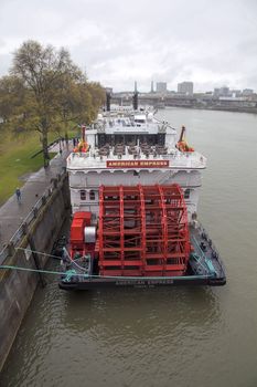 PORTLAND, OREGON - APRIL 5, 2014: Day of the dedication ceremony  for the American Empress along the seawall of Portland Oregon downtown waterfront. American Empress is the largest riverboat west of the Mississippi.