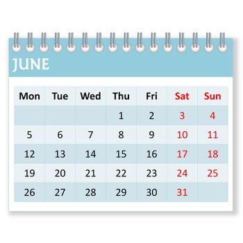 Calendar sheet for june month in white background, week starts from monday