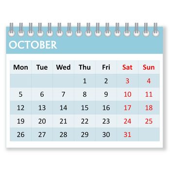 Calendar sheet for october month in white background, week starts from monday