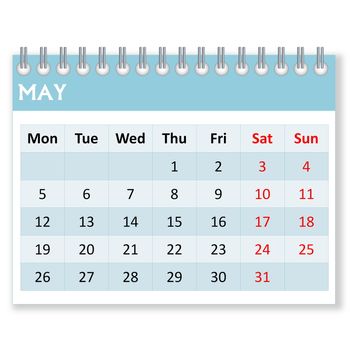 Calendar sheet for may month in white background, week starts from monday