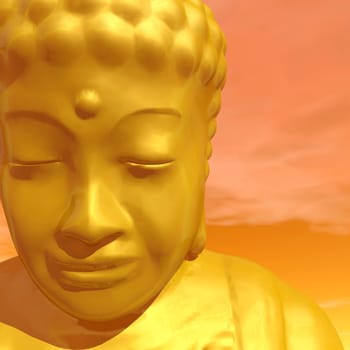 Close up of one golden buddha face meditating on orange background