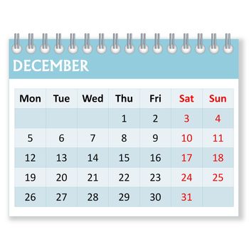 Calendar sheet for december month in white background, week starts from monday