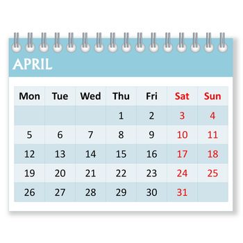 Calendar sheet for april month in white background, week starts from monday