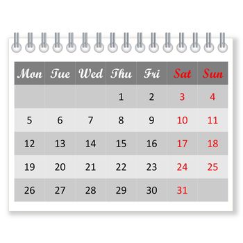 Calendar sheet for any month and year in white background, week starts from monday