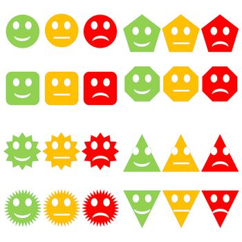 Set of different shapes happy to sad smileys in white background