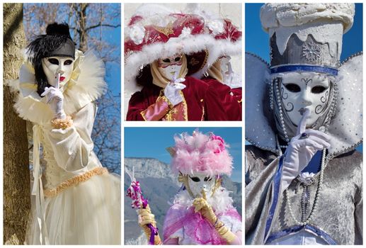 Set of colorful person in beautiful costume saying soft at the 2014 Annecy venetian carnival , France