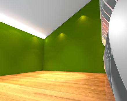 Abstract green empty room with wave wall and decorated with wooden floors.