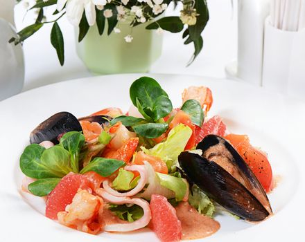 Salad from seafood and a salmon close-up