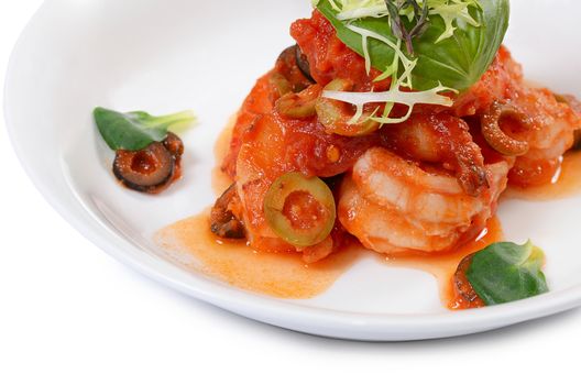 The shrimps in tomato sauce with olives