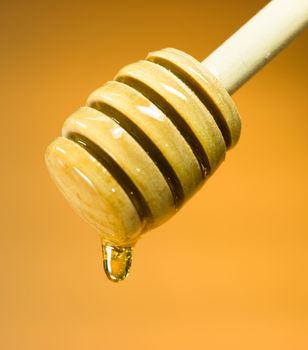 Honey drips off wood dipper into glass