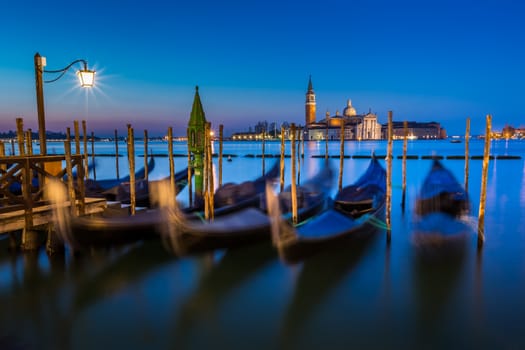 Gondolas, Grand Canal and San Giorgio Maggiore Church at Dawn, Venice, Italy