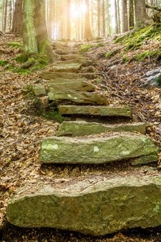 Stone staircase leading up a walkway through the Doubrava valley, Czech Republic with sun light at up