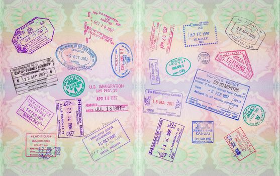 Retro Vintage Stamps In A European Passport From Multiple Locations