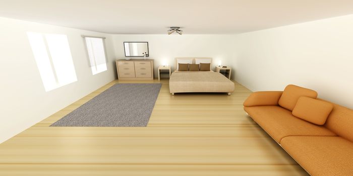 Interior visualization of a Bedroom. 3D rendered Illustration.