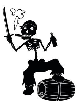 Cartoon evil zombie pirate Jolly Roger skeleton with a sword, a bottle of wine and a barrel smoking a cigar, black silhouettes on white background.