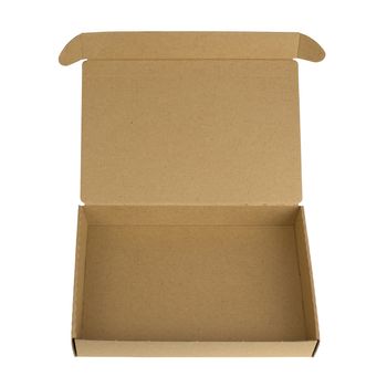 Open cardboard box with a lid. Isolated on white background