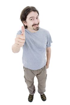 young happy casual man, full body, going thumb up, isolated