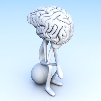 A cartoon figure con a huge brain. 3D rendered illustration. 