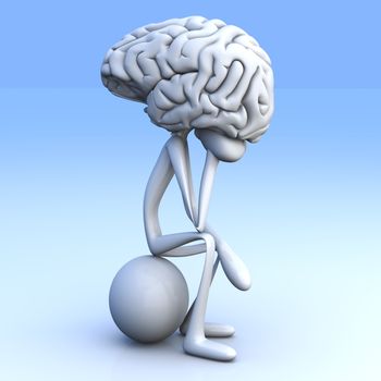 A cartoon figure con a huge brain. 3D rendered illustration. 