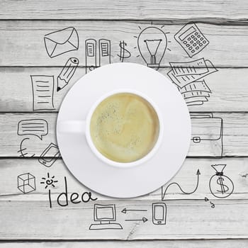 Conceptual image of cup of coffee with business sketches at background