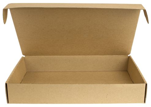 Open cardboard box with a lid. Isolated on white background