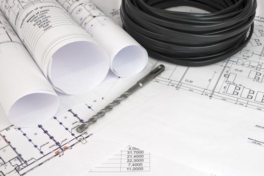 Electrical cable on the construction drawings. Repair and construction of electric systems