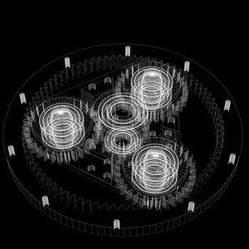 Gears and bearings. Wire-frame render on a black background